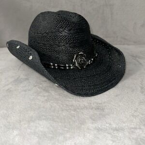 Down N Dirty Black Straw Cowboy Hat Band Studded Rose Concho Women Unisex Large